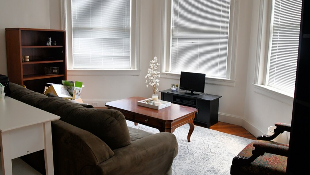 Living room in an affordable apartment in the city.